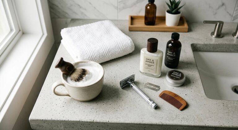 men's shaving essentials flat lay