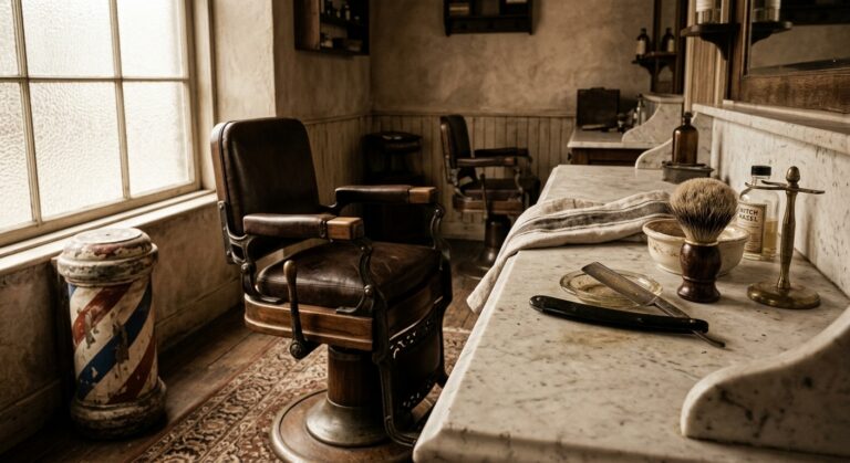 Vintage 1920s barbershop scene with a straight razor and shaving brush on the counter