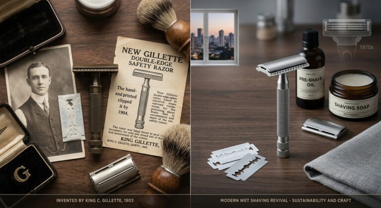 AI generated old style photo showing Gillette creation, versus current design